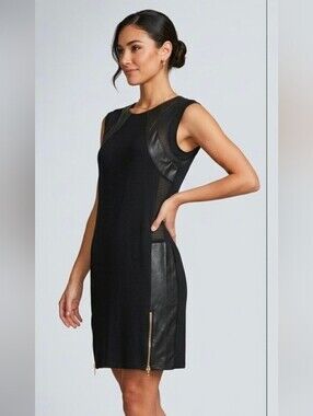 743. House of Eleven Mixed Media Leather Mesh Shift Dress Black Medium (G2)